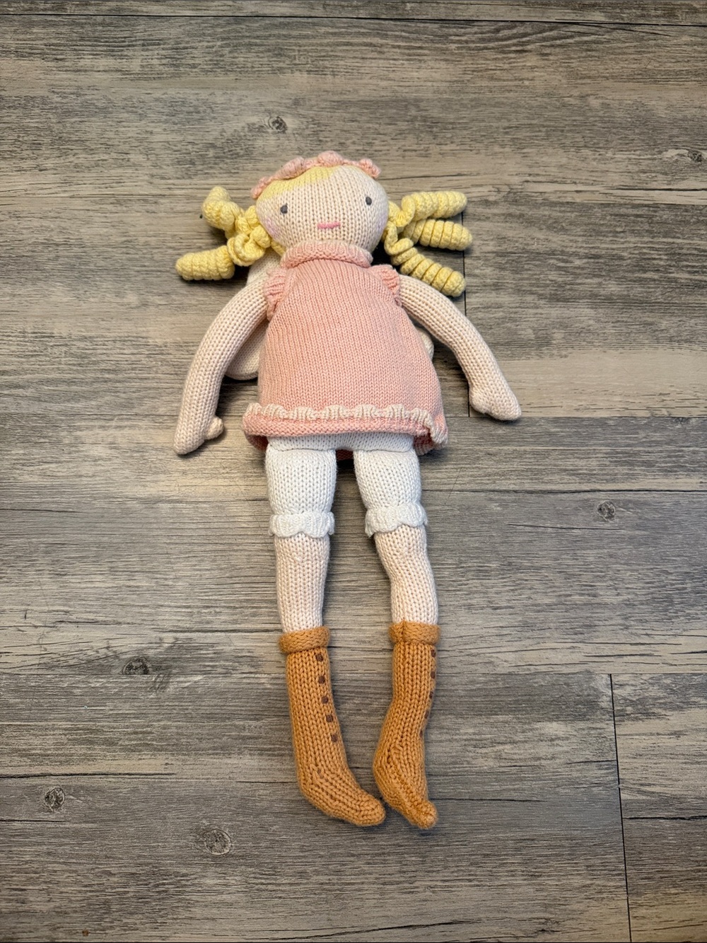 Pottery Barn Kids Hand-Knit Pink & Cream Doll with Yellow Hair - Soft Plush Toy